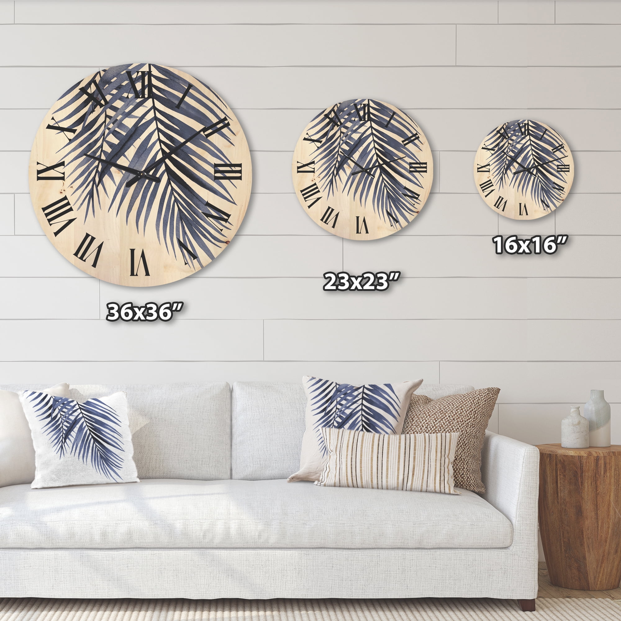 Designart 'Abstract Blue Palm Leaves Tropical Branches' Traditional Wood Wall Clock