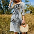 thumbnail image 4 of Watercolor Wolf Portrait Women's 3/4 Sleeve Dresses Elegant A-Line Midi Dress Flare Summer Casual Sundress, 4 of 9