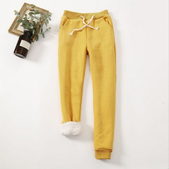 Pxiakgy pants for women Women Winter Casual Solid Color Keep Warm Plus Velvet Long Pants Trousers With Pockets Yellow + M