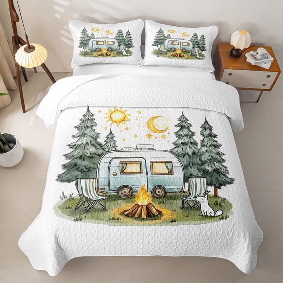 Catabedysis Watercolor Cartoon Camping Quilt Full,Dog Camper Print Full Bedspread Sets For Boys,Multicolor,3 Pieces