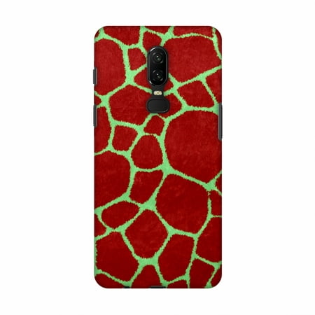 OnePlus 6 Case - Giraffe - Light Green Brushed Scales With Red Scratched Effect, Hard Plastic Back Cover, Slim Profile Cute Printed Designer Snap on Case with Screen Cleaning