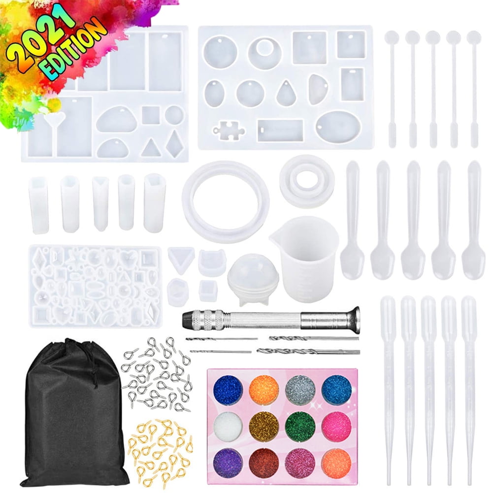 Glitter Powder and Tools Kit DIY Jewelry Pendant Craft Making Set Contains Casting Molds Resin Molds 137 Pcs Silicone Jewelry Making Starter Molds and Tools Kit