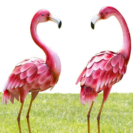 Metal Garden Set Bits and Pieces - Set of Two (2) 35 ½” Tall Metal Flamingo Garden Statues - Durable Outdoor Sculptures Make Great Home Décor ()