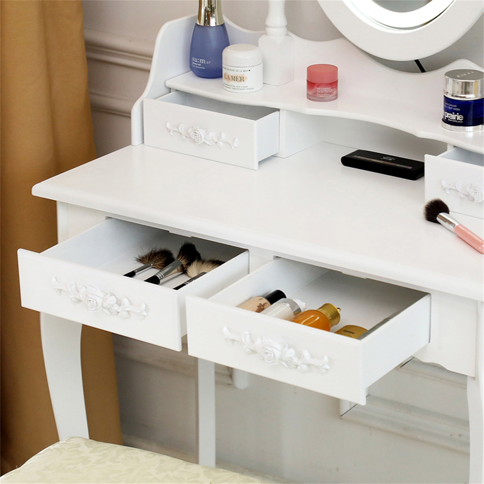 Kadyn Vanity Desk with Lighted Mirror, Vanity Table and Chair Set with 4 Drawer, White