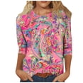 thumbnail image 2 of Vibrant Paisley Floral Top for Women, 3/4 Sleeve Crew Neck Stretchy Tunic Tee - Loose Fit Casual Summer Blouse Hot Pink XXXL, 2 of 5