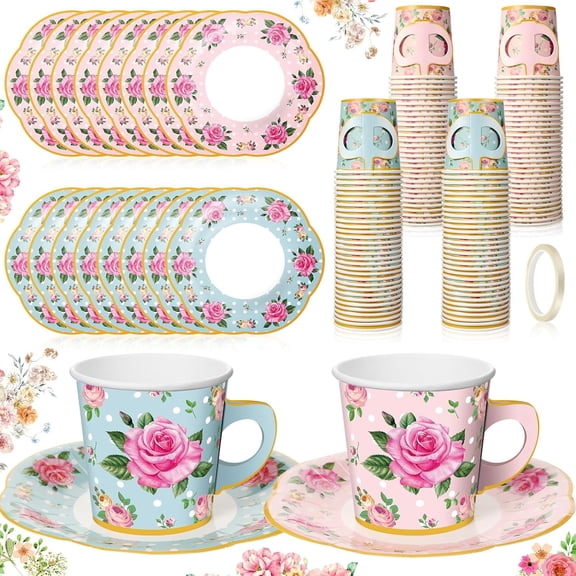 36 Sets Tea Party Decorations Floral Paper Tea Cups with Handle and Plates Disposable Blossom Teacups Saucers Sets with Tape for Hot Cold Drink Birthday(Blue Pink,6.5 oz)
