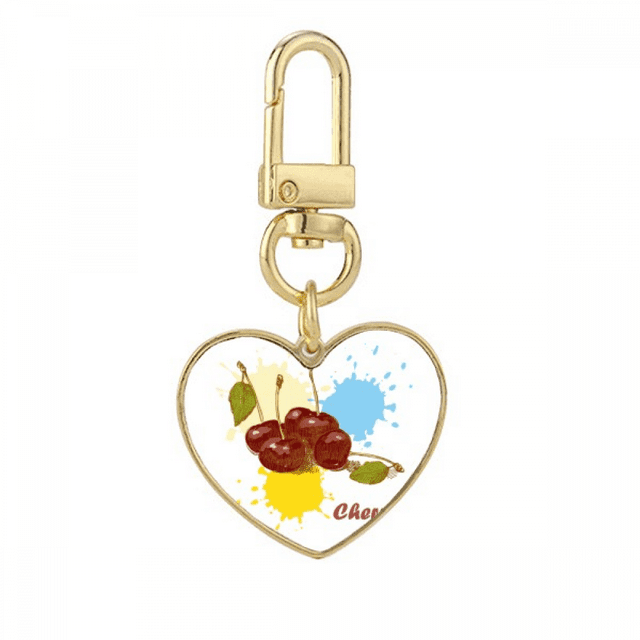 Cherry Fruit Watercolor Illustration Pattern Gold Heart Keychain Metal Keyring Holder