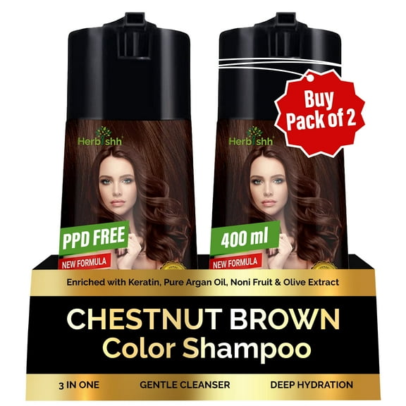 Herbishh Chestnut Brown Pack of 2, PPD-Free Hair Color Shampoo for Gray Hair, Hair Dye Shampoo 3 in 1, 100% Gray Coverage, Permanent Hair Color for Men & Women, Ammonia-free, 400 ml