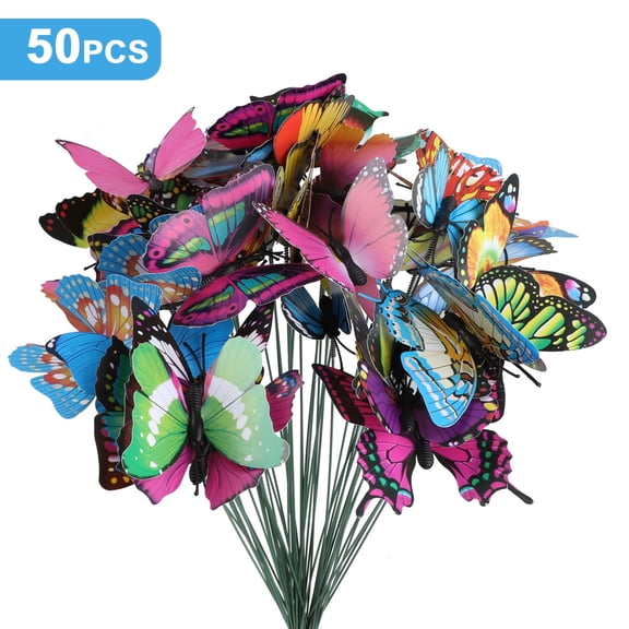Lingsida 50pcs Butterfly Garden Decorations, 9.8" Butterfly Stakes Ornaments, Artificial Waterproof Butterflies for Flower Bouquet Outdoor Indoor Yard