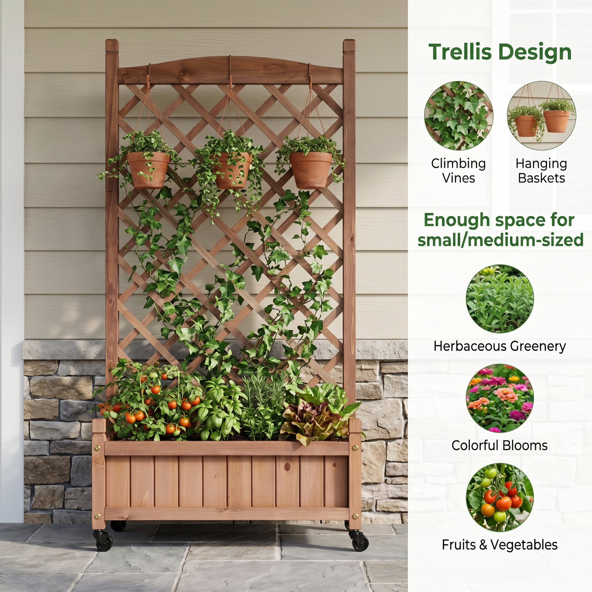 Set of 2 Raised Garden Beds with Trellis and Wheels, Outdoor Wooden Planter Box and Plant Stand with Climbing Racks, Brown