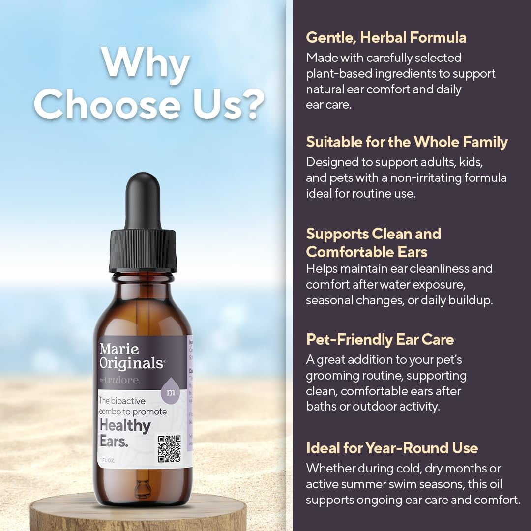 Marie Originals Natural Ear Oil Drops, Mullein & Garlic Herbal Ear Drops for Ear Comfort, Soothing Earache Support for Adults, Kids & Pets, Helps with Ear Wax Soften & Removal, 1 oz