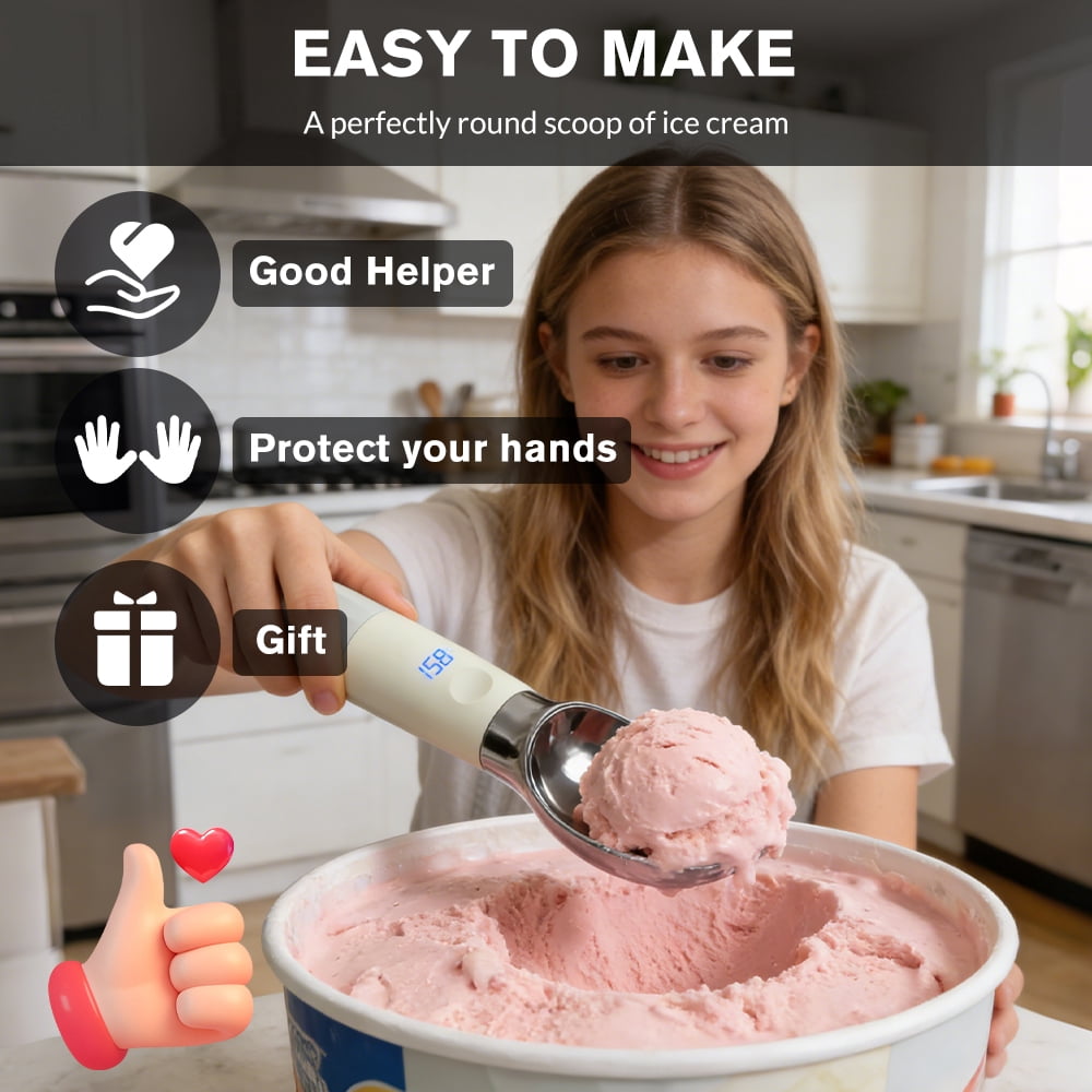 USB Rechargeable Heated Ice Cream Scoop, 304 Stainless Steel, Non-Stick,  Electric Scooper for Hard Frozen Ice Cream, White