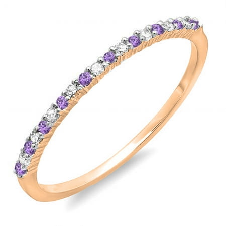 10k White Gold Wedding Bands - 10K Gold Round Amethyst & White Diamond Ladies Anniversary Wedding Band Stackable Ring