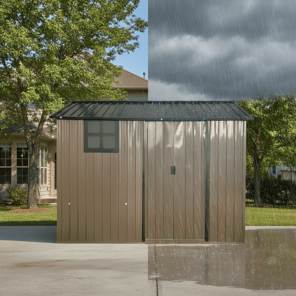 Mintazer 8×6ft Metal Outdoor Storage Shed with Lockable Sliding Doors & Window, Weatherproof Garden Tool Shed, Brown