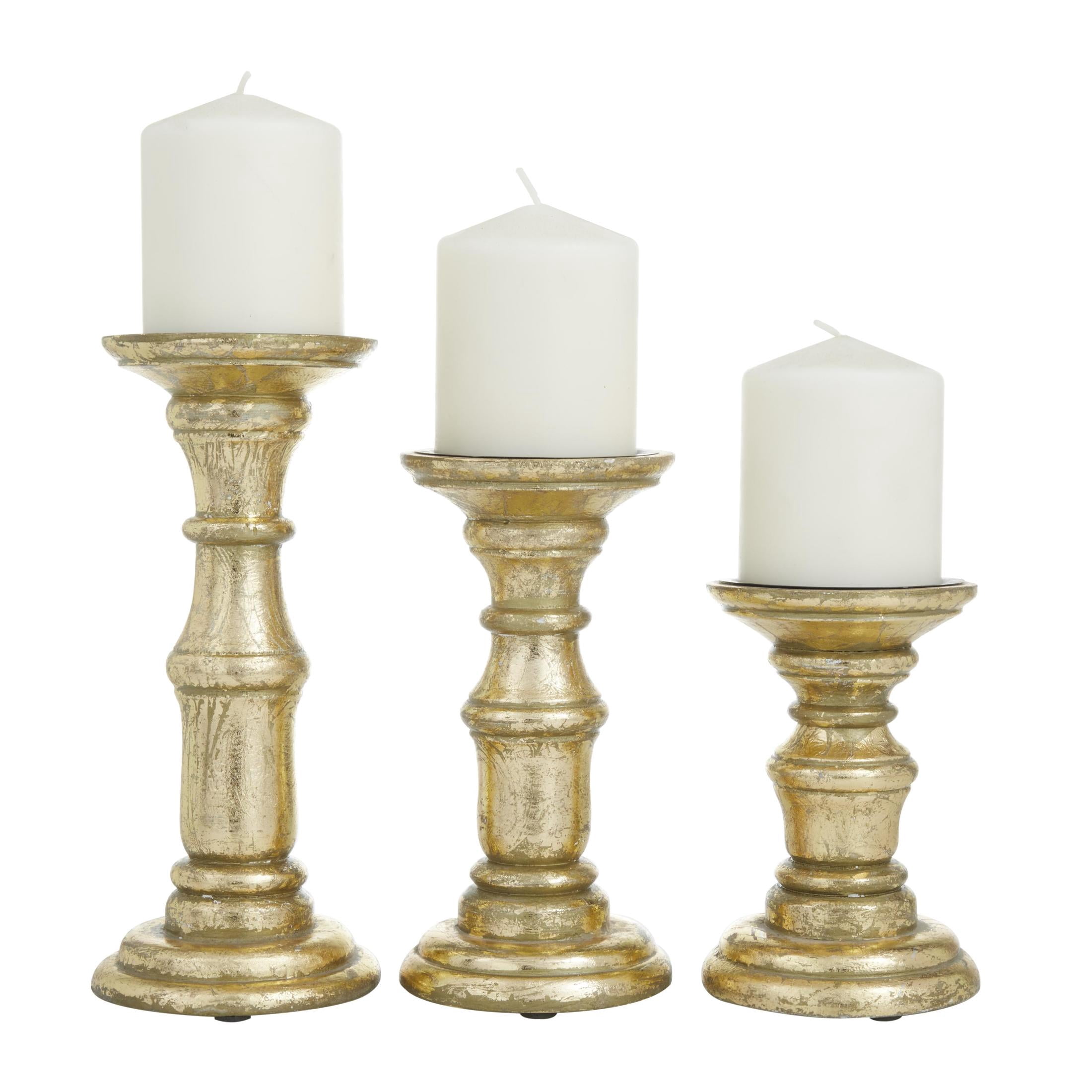 DecMode 3 Candle Gold Mango Wood Turned Style Pillar Candle Holder, Set of 3