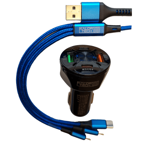 KALOR TECH Four-Port Car Charger and Multiport Cable with Quick Charge 3.0 and "C" USB port for iPhone, Samsung, Multiple Android Devices and Tablets.