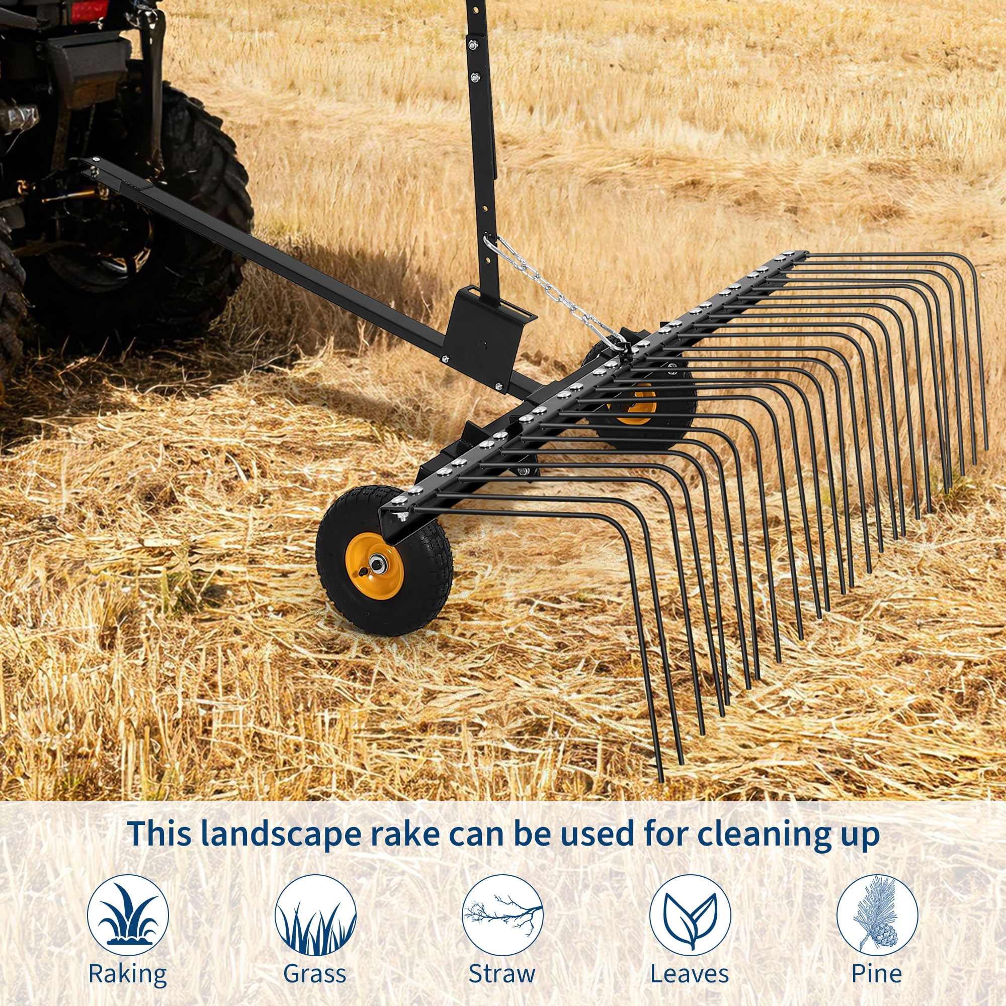 60-Inch Tow Behind Lawn Dethatcher,24 Durable Spring Steel Tines Lawn dethatcher, Designed to pull behind Lawn and Garden Tractors, Lift Handle for Leaves, Pine Needles, and Grass, Black
