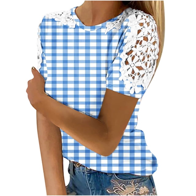 Camisas de Manga Corta para las Mujeres Impresión Cuello Redondo Suéter Encaje Camisa, Blusa de Verano Casual para las Mujeres
