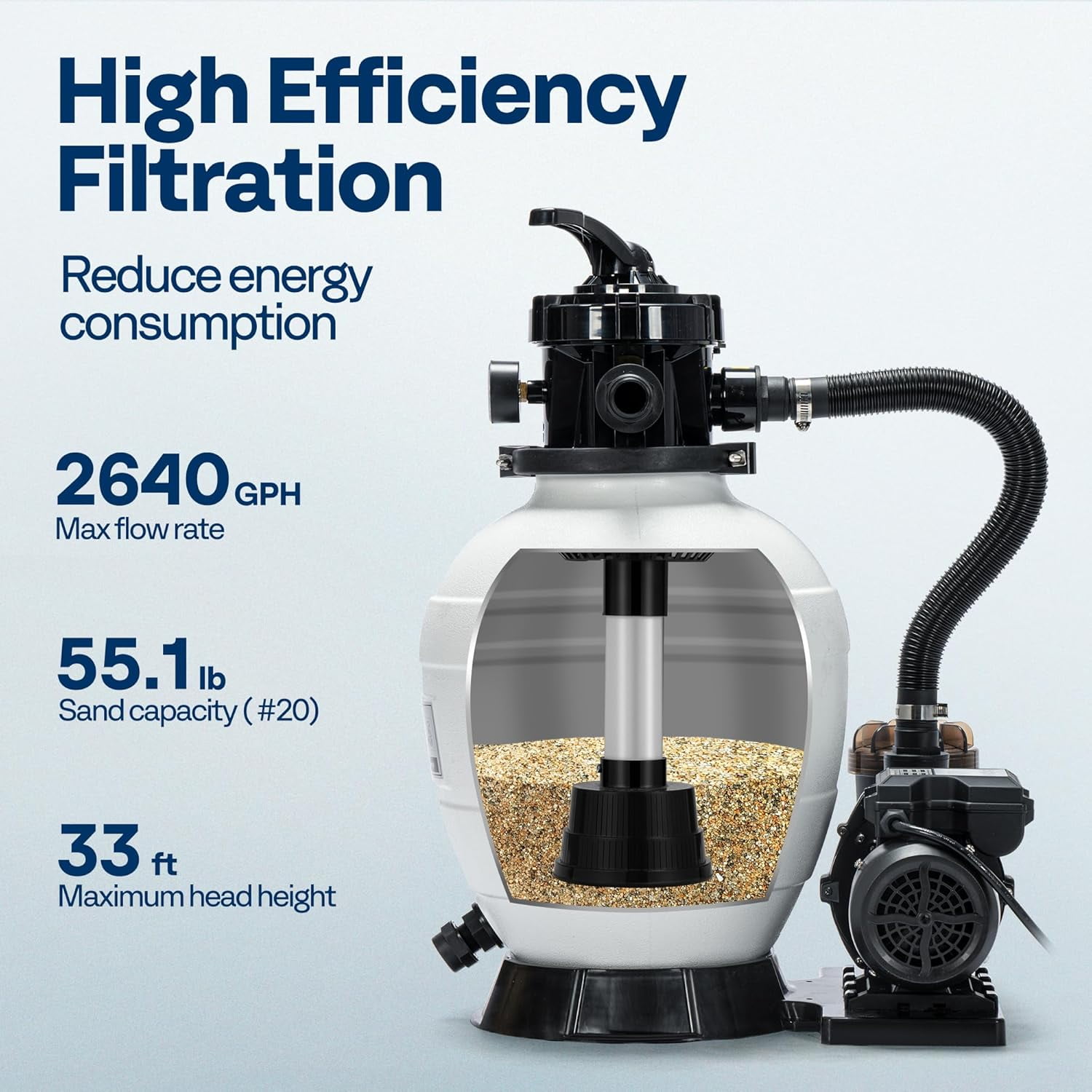 SPECSTAR 13" Sand Filter Pump with 1/2 HP Motor, 2640 GPH w/Timer for in/Above Ground Pools up to 14,000 Gallons, 7-Way Valve with 55-Pound Sand Capacity