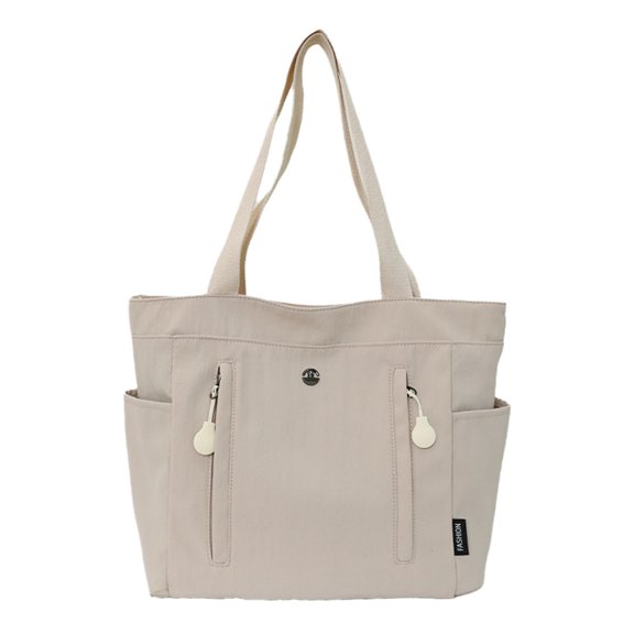HUISZJ Multi Pockets Tote Bag, Large Capacity Shoulder Bag with Side Pockets, Portable Commute Bag for Travel Shopping Work, Beige