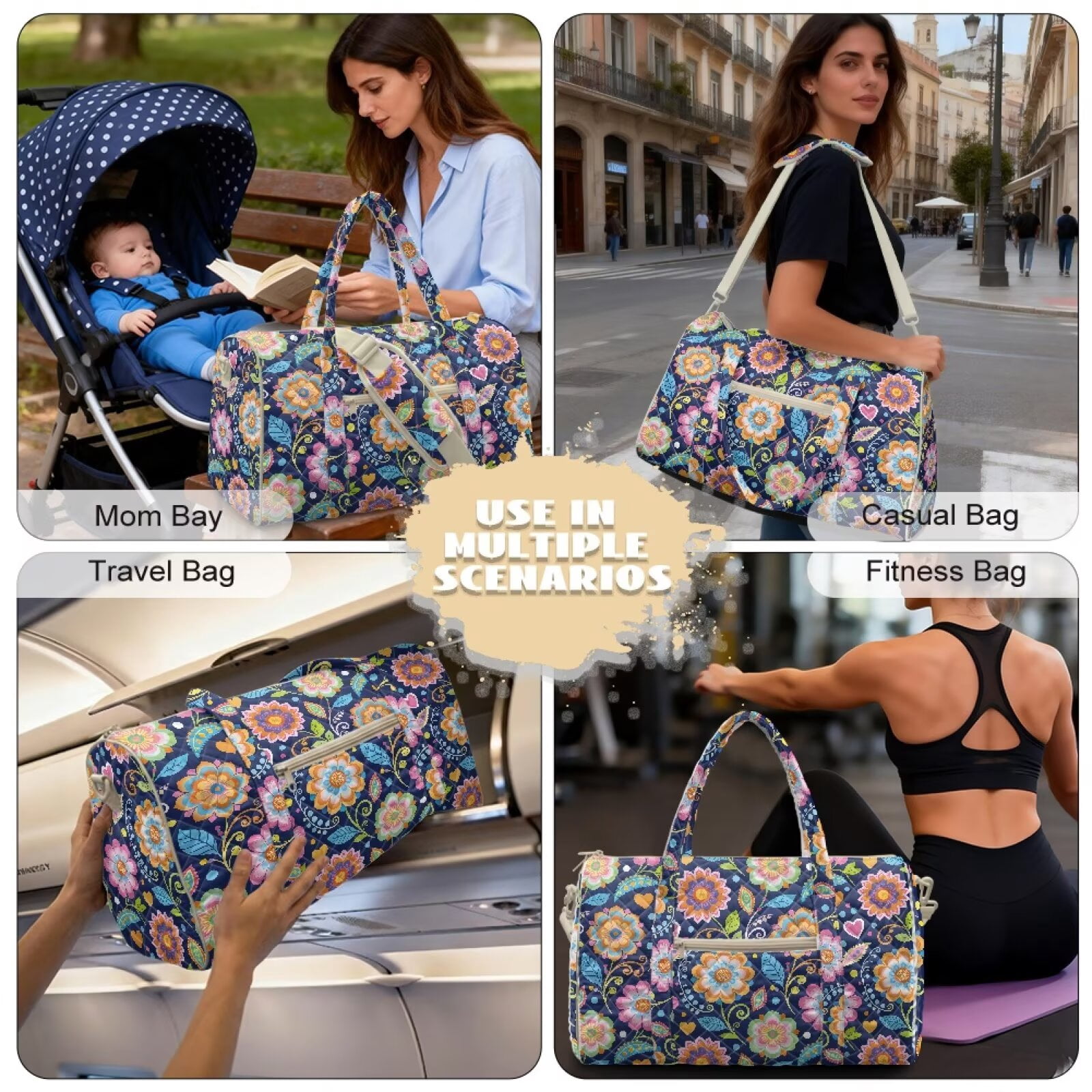 Pzuqiu Floral Quilted Weekender Bag for Women Large Puffer Duffle Bag, Lightweight Travel Carry On Tote Overnight Gym Bags with Luggage Sleeve for Travel, Work, Beach