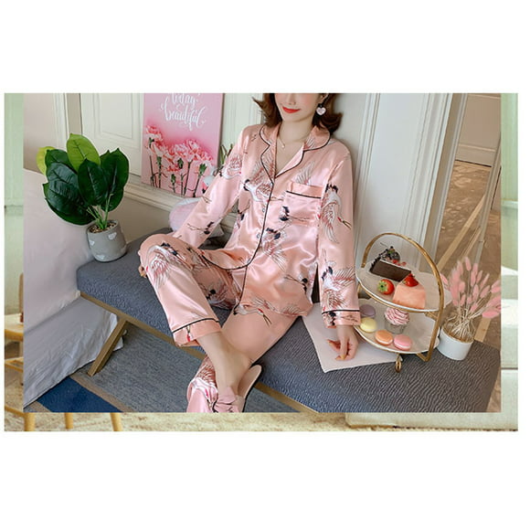 VOIANLIMO Nouveau Pyjama Parti Mode Imprimé Floral Plus Taille Pyjama de Soie à Manches Longues Ensemble Deux Pièces Pyjama