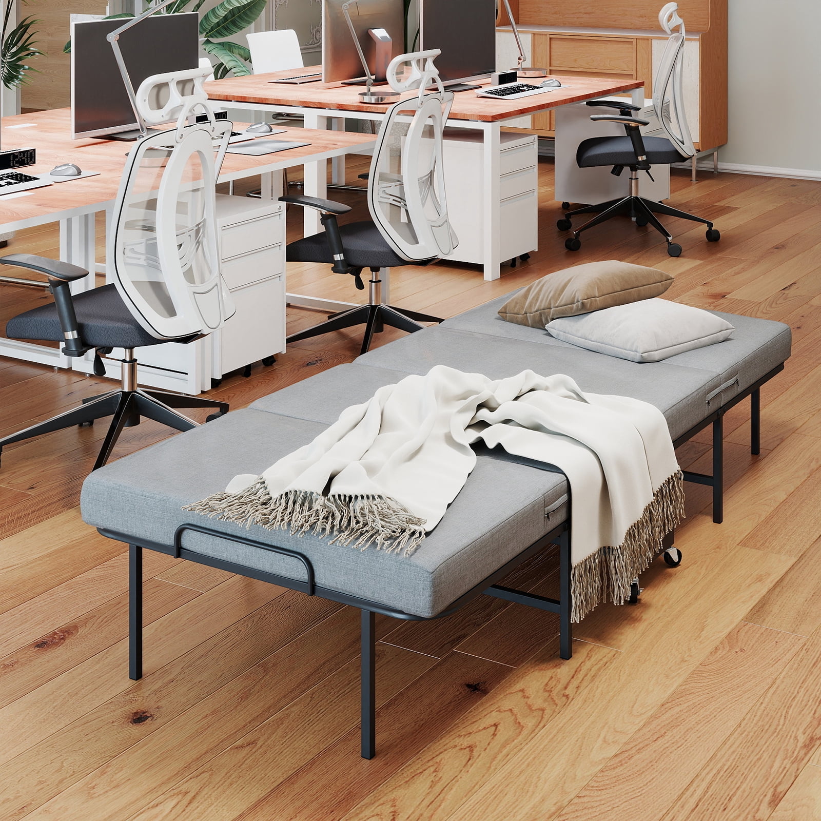 HOQBN Folding Bed with 2.36" Memory Foam Mattress, Heavy-Duty Portable Guest Bed on Wheels, Adult Single Portable Bed for Guests, Office Naps & Camping