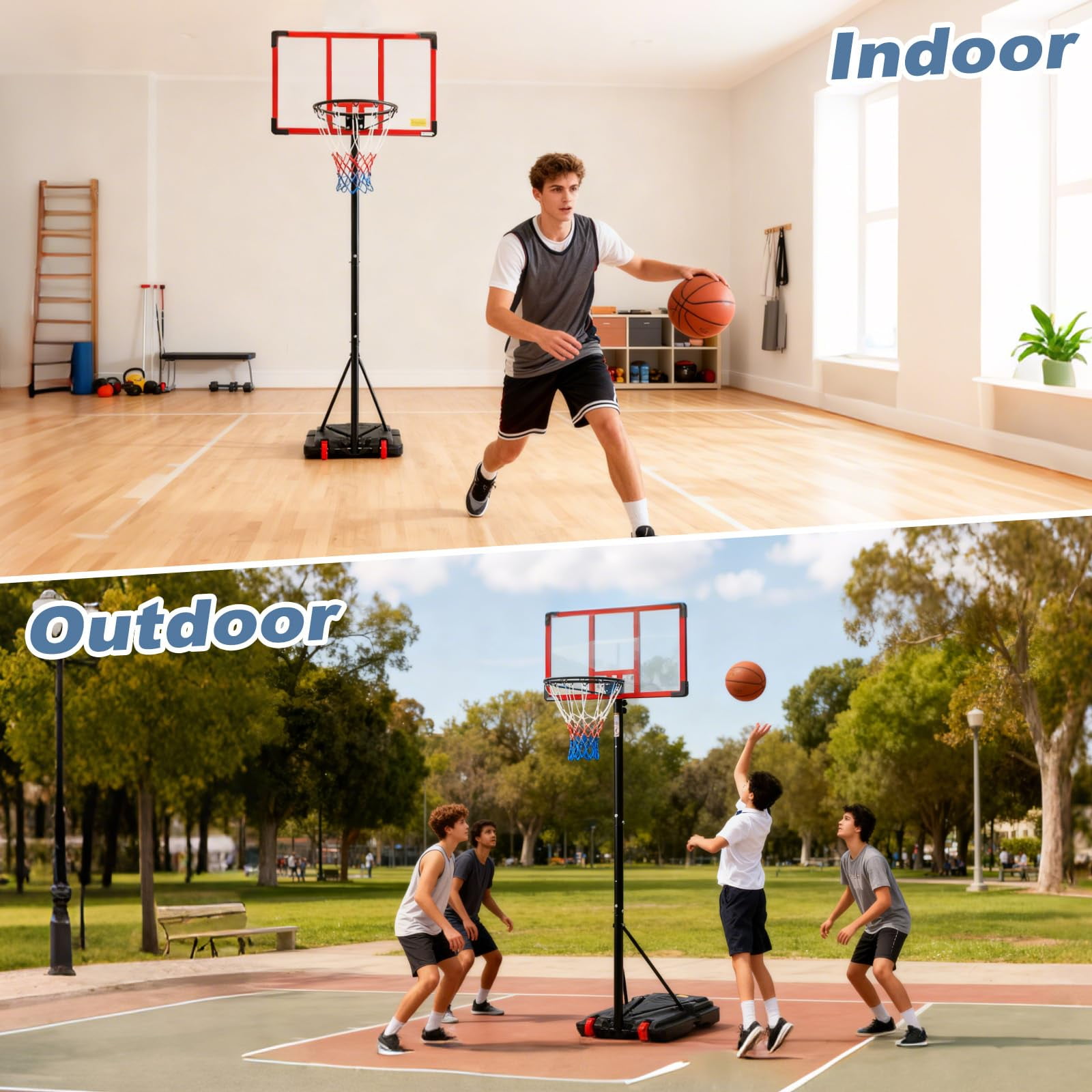 Atilioo Portable Basketball Hoop Stand with 44" Shatterproof Backboard, 5.08-8.53FT Adjustable Basketball Goal System, 2 Wheels, Fillable Base for Adults and Kids in Indoor/Outdoor, Red