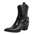 thumbnail image 5 of Womens Riding Boots Retro Waterproof Leather Buckle Strappy Chunky Heel Pointed Toe Mid Calf Booties Zip up Fall Winter Boots, 5 of 5