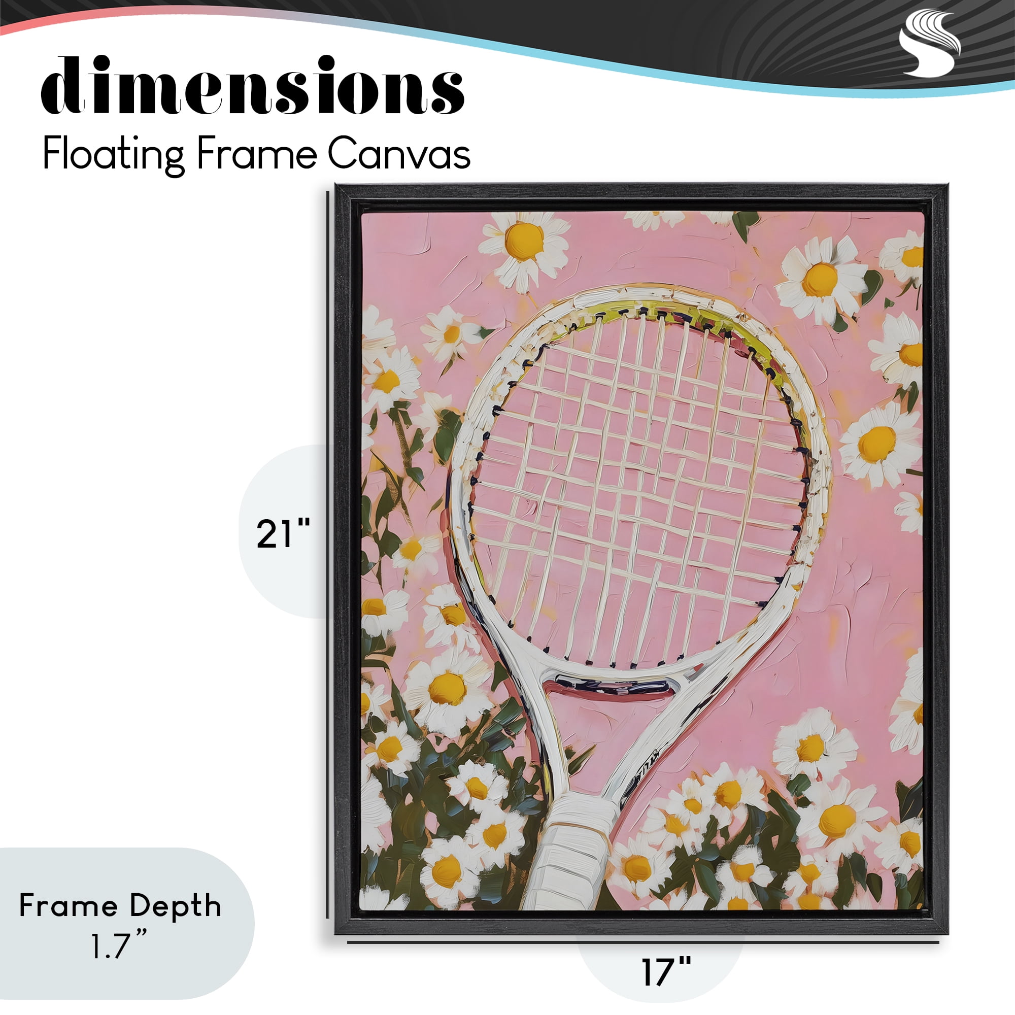 Stupell Industries Pink Tennis Racket & Daisies Black Framed Floater Canvas Wall Art, design by LSR Design Studio