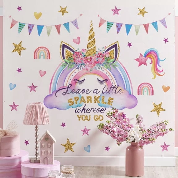Unicorn Wall Decals Heart Star Flower Unicorn Stickers Peel and Stick Wall Art Decals, DIY Removable Girls Kids Bedroom Nursery Decorations