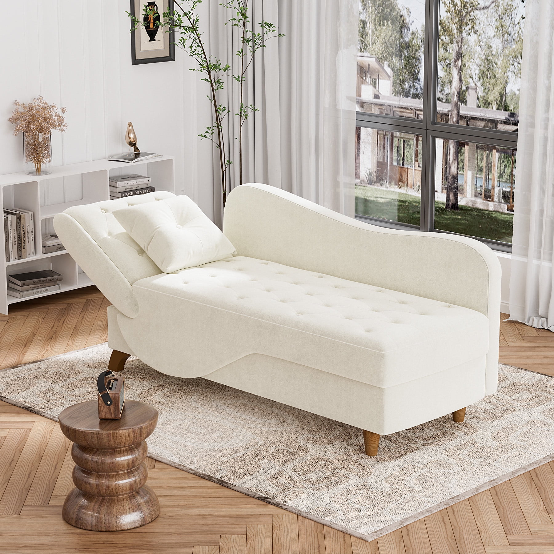 Wiilayok Chaise Lounge Chair Indoor Furniture with Storage Pillow,Adjustable Recling Sleeper Sofa Lounge Chair,Velvet Futon Sofa Couch Bed for Living Room Bedroom,Beige