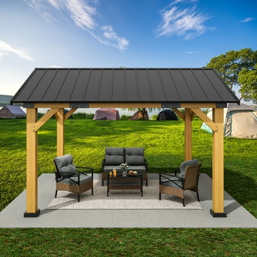 Dextrus 10x12ft Spruce Frame Hardtop Gazebo with Galvanized Steel Gable Roof for Outdoor Lawn, Garden, and Balcony (Black Top   Wood-Colored Posts）