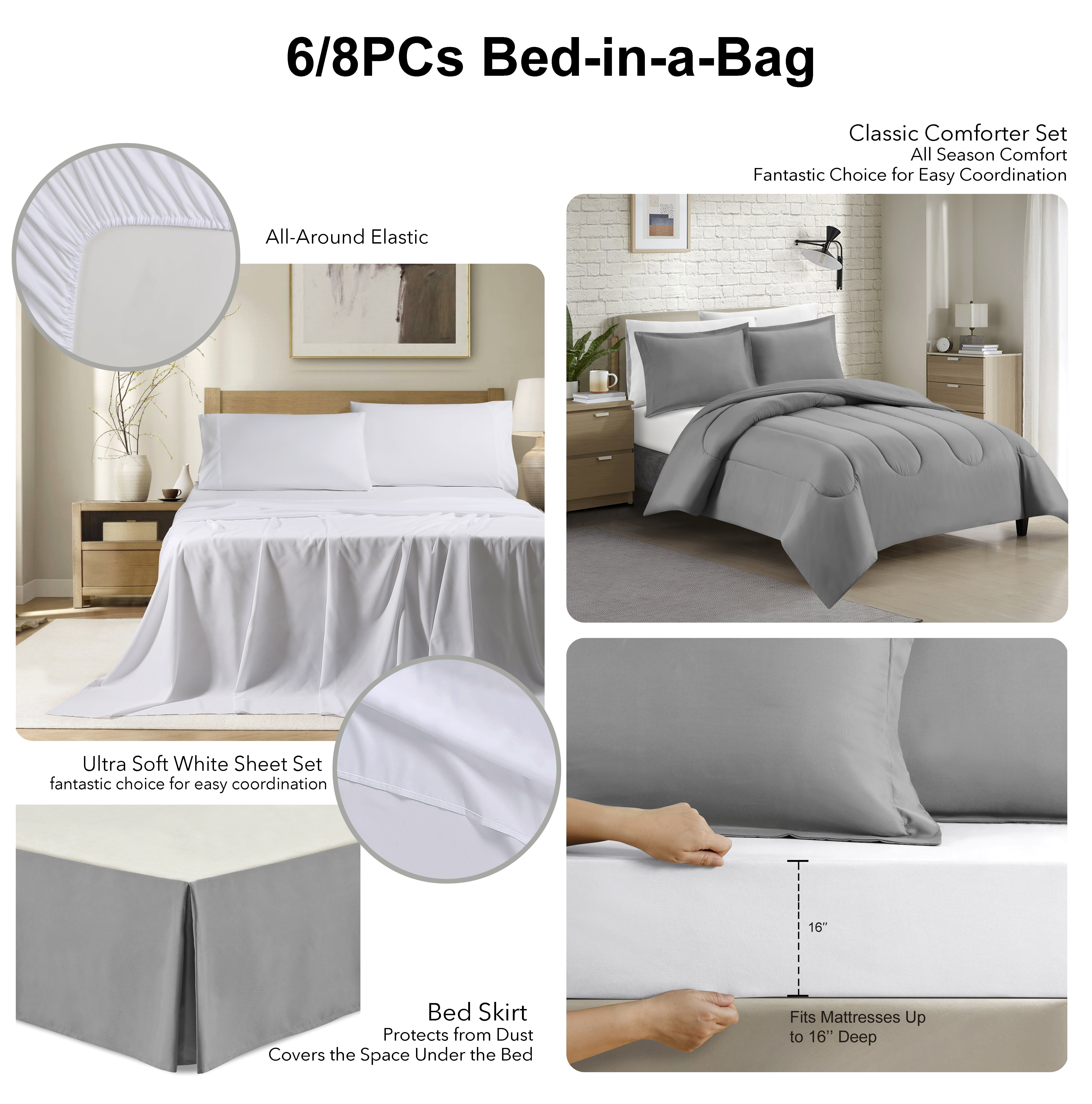 Swift Home Luxury 6 Piece Bed in a Bag, Comforter Set, All Season Complete Bedding Set, Twin/ Twin XL, Light Gray