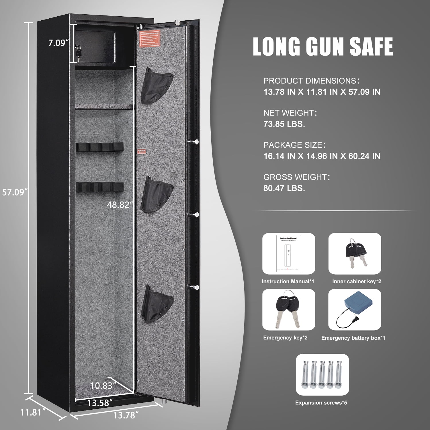 57.09" Biometric Fingerprint Gun Safe, Quick Access 5-8 Gun Cabinet for Gun and Pistols with LCD Screen Keypad, Mute Function and Dual Alarm System