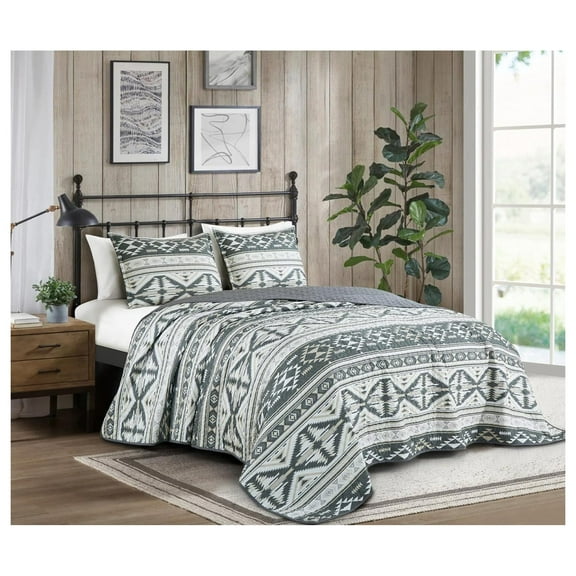 Remy 3-Piece Southwestern Geometric Motif Quilt Set - Multicolor Gray White Light Brown Printed Microfiber Lightweight Quilted Bedspread Set, Queen (100" x 95")