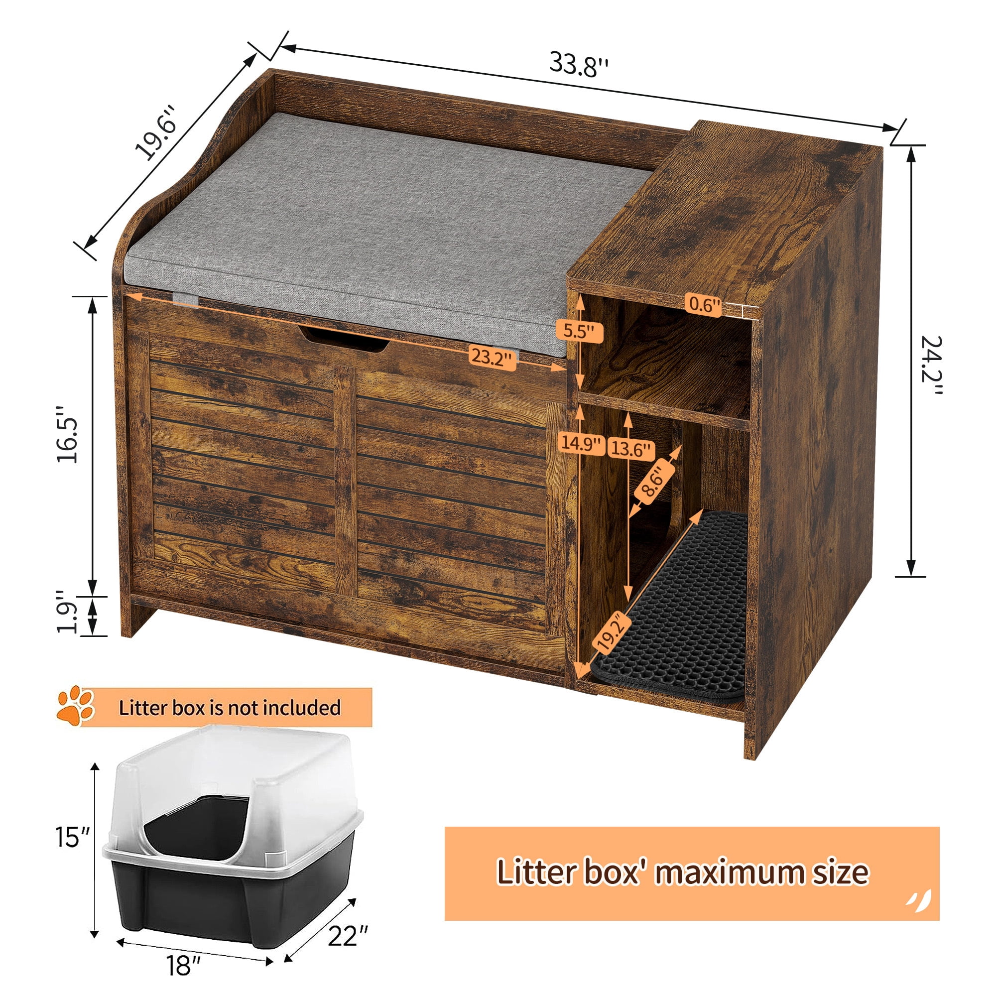 Towallmark Cat Litter Box Enclosure,Top Opening with Cushion,Modern Wood Cat Washroom Hidden Litter Box Furniture House as Table Nightstand with Scratch Pad,Cat Litter Box, Cabinet,Brown