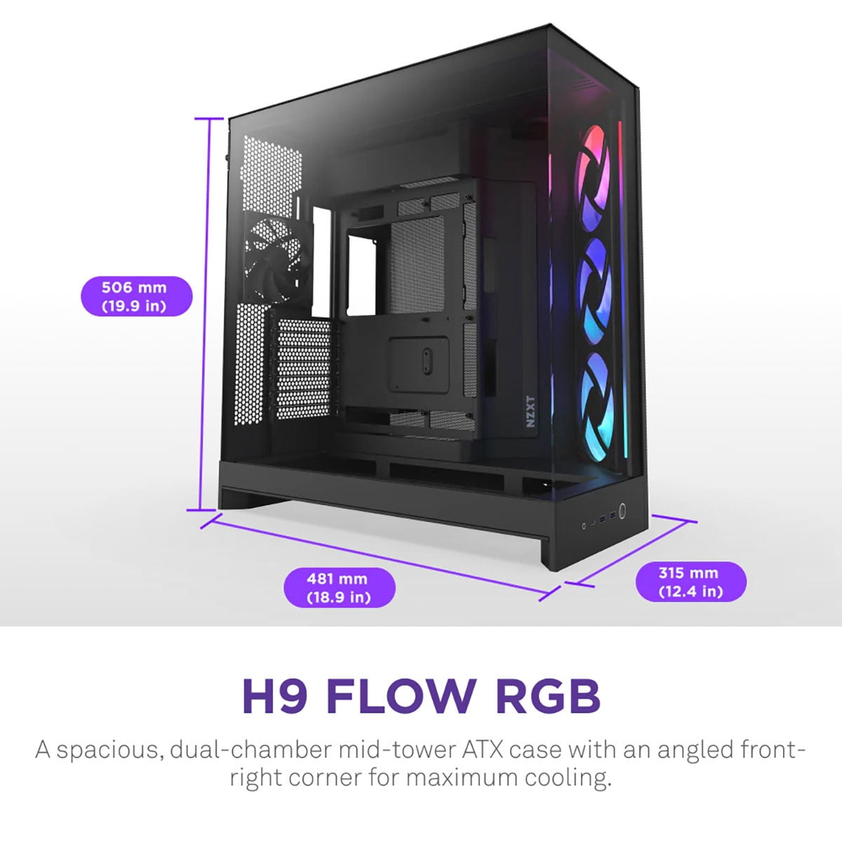 NZXT CMH92FBR1 H9 Flow RGB ATX Mid-Tower PC Case Dual Chamber Black