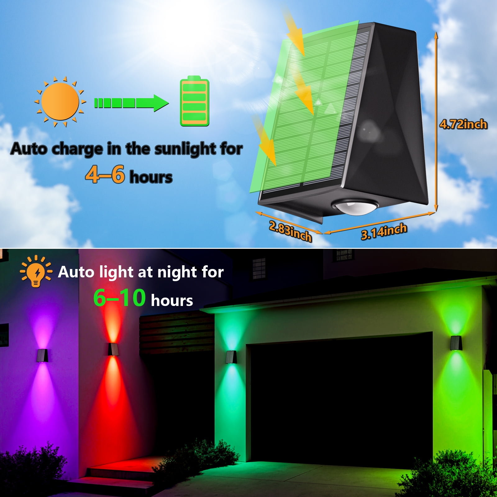 6 Pack RGB Solar Wall Lights Outdoor Waterproof Up and Down Color Changing LED Sconce Lamp for Fence, House, Patio, Porch, Yard, Garden, Garage, Easy to Install for Security and Decorative Lighting