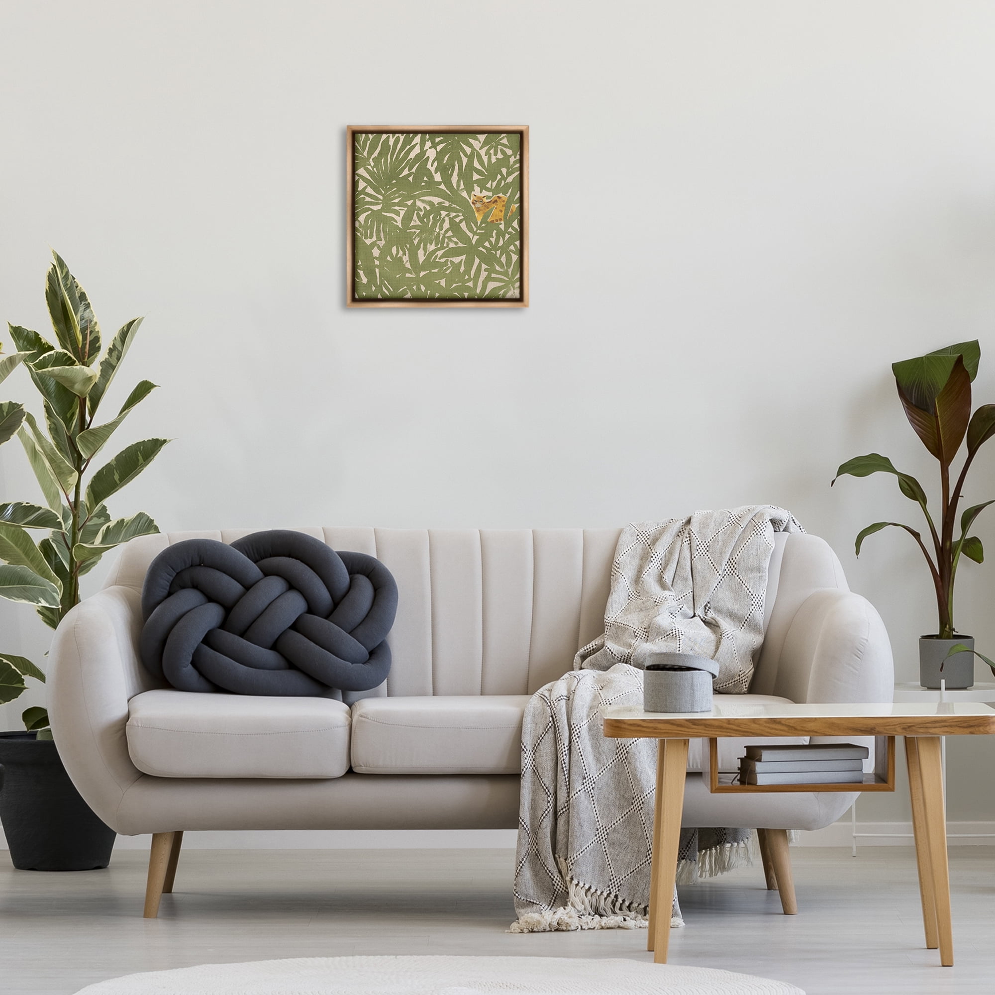 Stupell Industries Hiding Cheetah Palm Plants Botanical & Floral Painting Brown Floater Framed Canvas Art Print Wall Art, 18 x 18