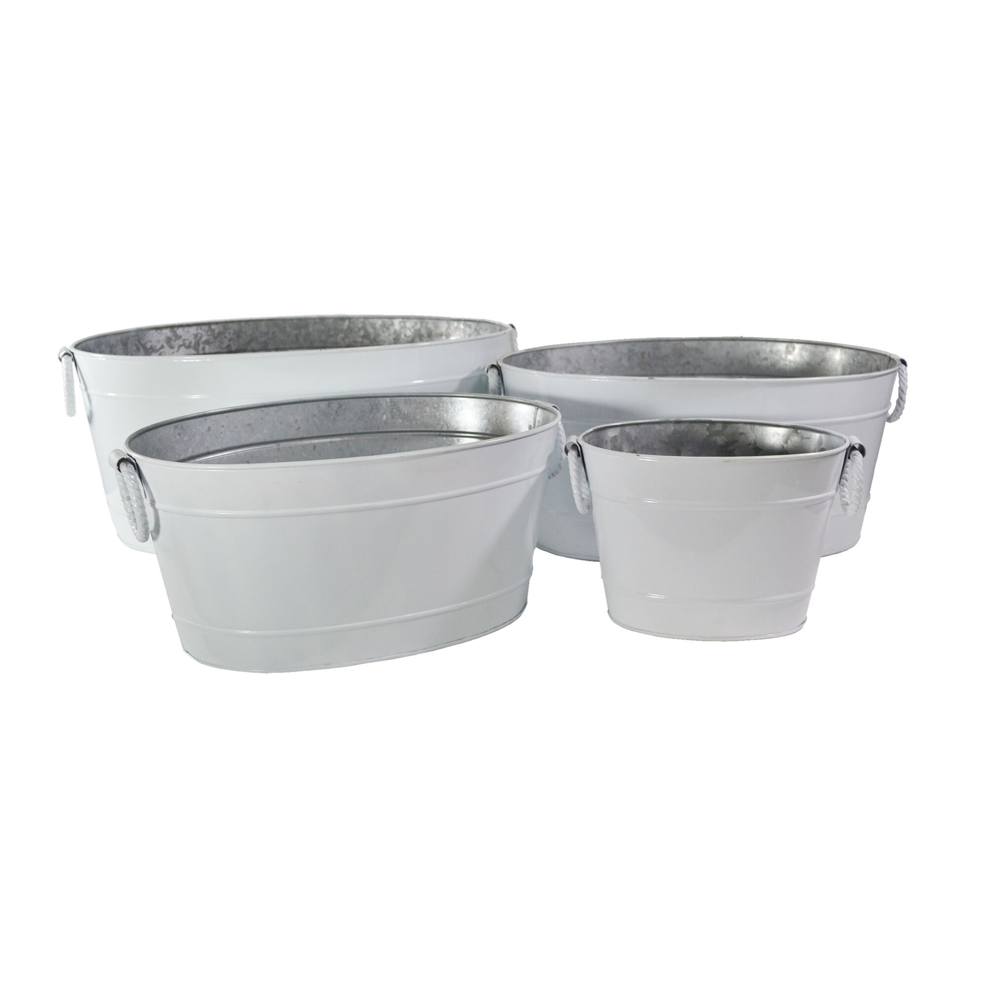 Metal Tubs with Rope Style Ring Handles, White, Set of 4