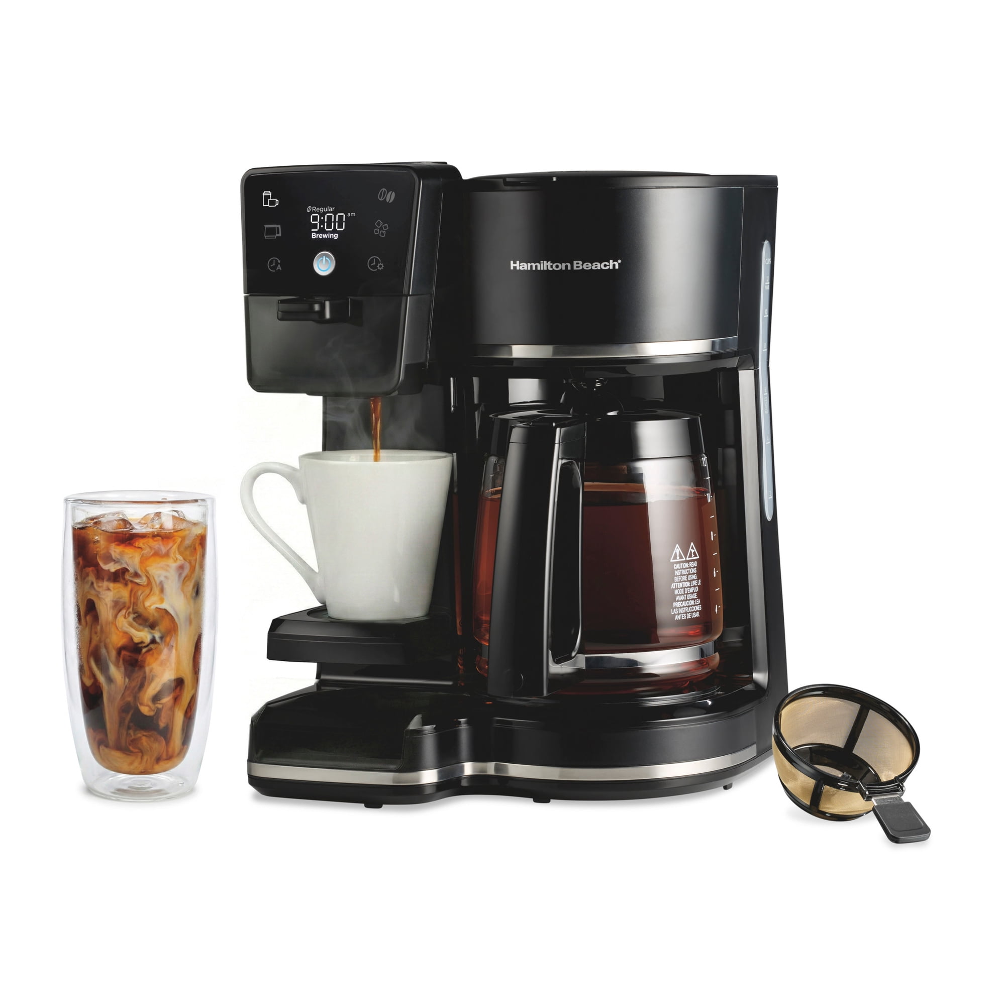 Hamilton Beach 2-Way Programmable Iced and Hot Coffee Maker, Single-Serve and 12 Cup Glass Coffee Pot, Black