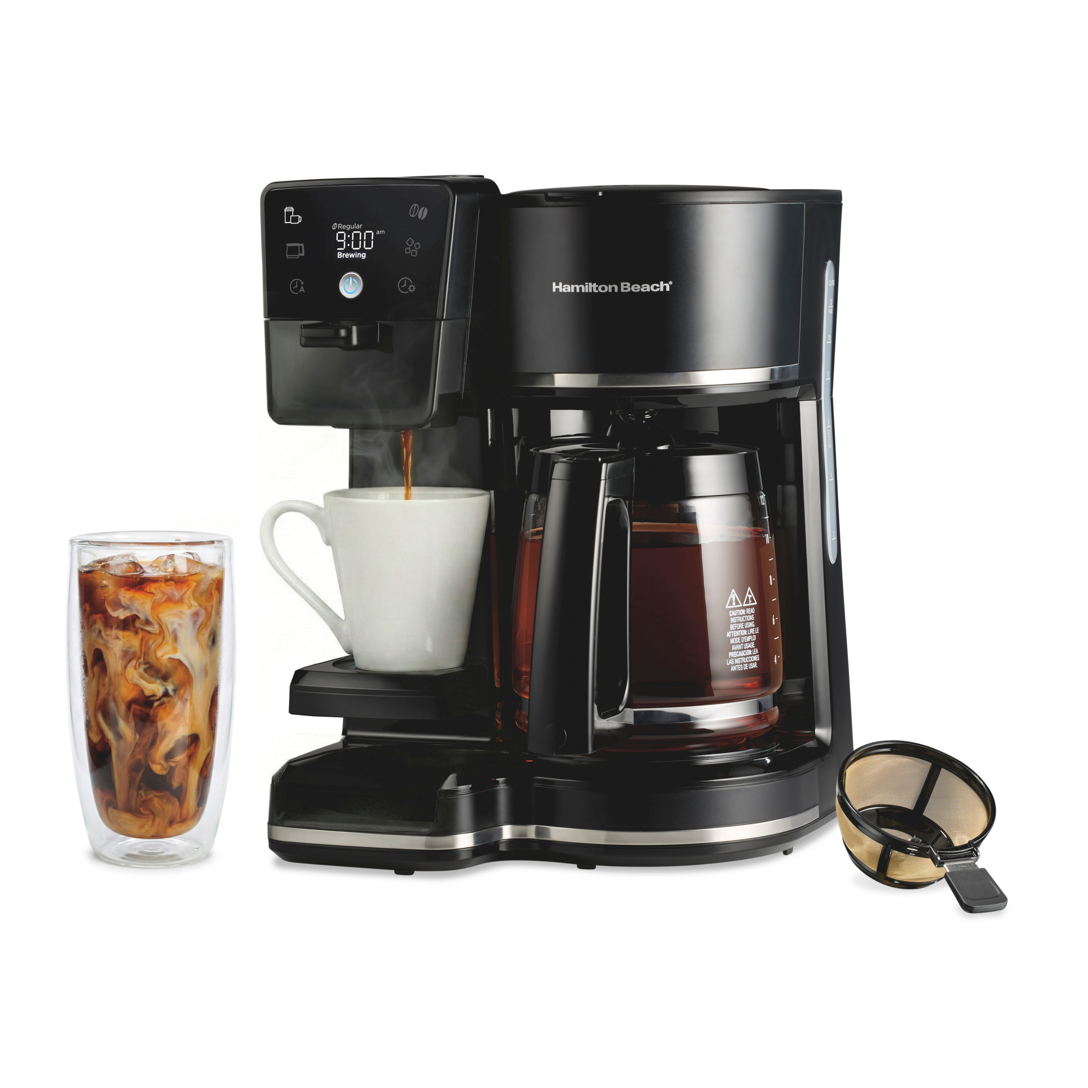 Hamilton Beach 2-Way Programmable Iced and Hot Coffee Maker, Single-Serve and 12 Cup Glass Coffee Pot, Black