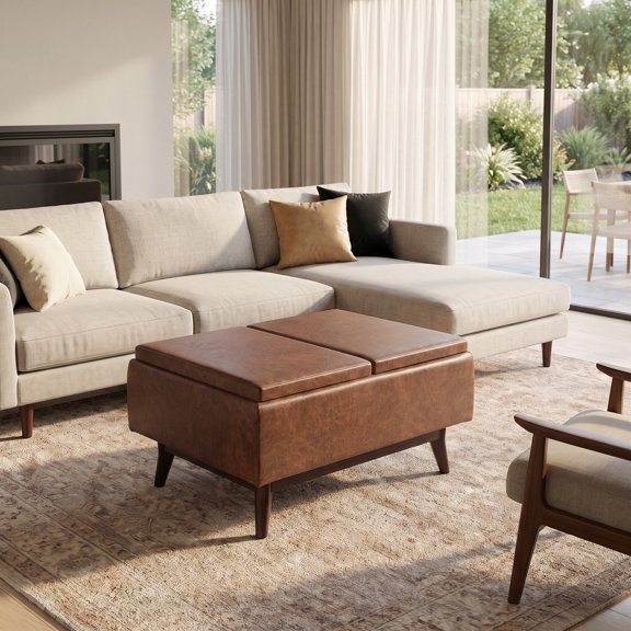 Simpli Home Owen 34W Small Rectangular Storage Ottoman with 2 Tray Tops