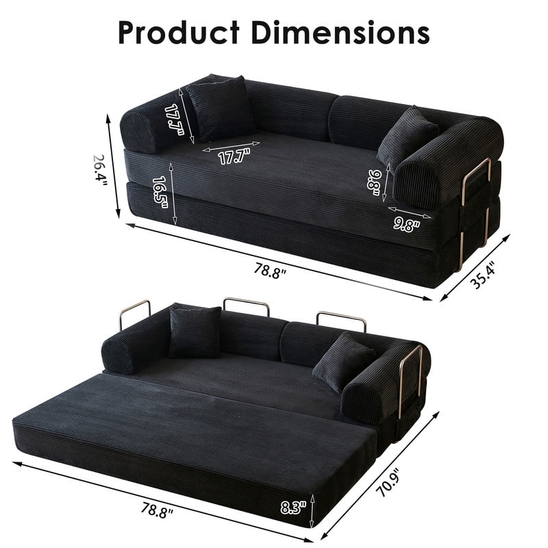 Anpport 78.8" Compression Boneless Sectional Sofa, Convertible Floor Sleeper Bed with Pillow Back Armrest, Corduroy Fabric, Black, for Living Room Bedroom