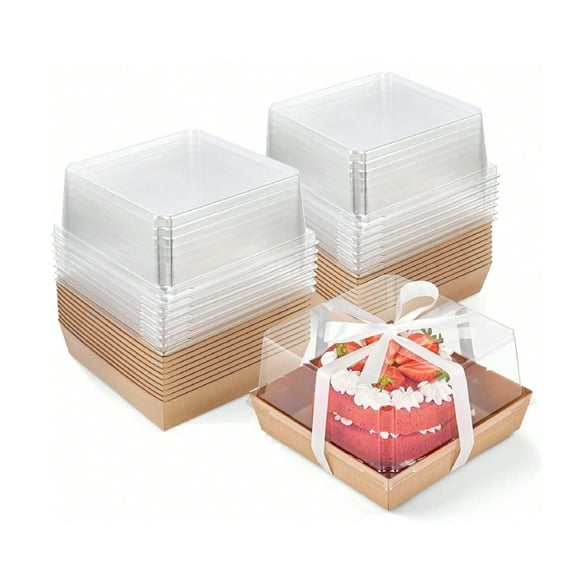 5.3x 4.9 X 2.4 Inches Paper Cake Boxes With Clear Lids, 50 Pack Square Disposable Bakery Boxes To Go Food Containers For 3-4 Inch Cake, Pie, Dessert, Cupcake, Charcuterie, Cocoa Bomb (Brown)