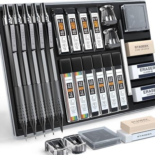 STAGEEK 37PCS Art Mechanical Pencil Set, Drafting Pencil 5 Sizes- 0.3, 0.5, 0.7, 0.9MM & 2PCS 2.0MM Mechanical Drawing Pencils with 492PCS Leads (6B 4B 2B HB 2H 4H Color) for Artist Sketching