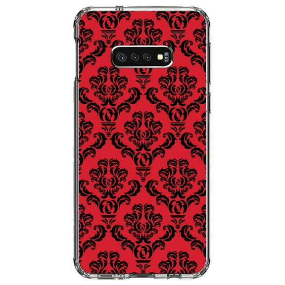 DistinctInk Clear Shockproof Hybrid Case for Samsung Galaxy S10e (5.8" Screen) - TPU Bumper, Acrylic Back, Tempered Glass Screen Protector - Red Black Damask Pattern - Floral Damask Pattern