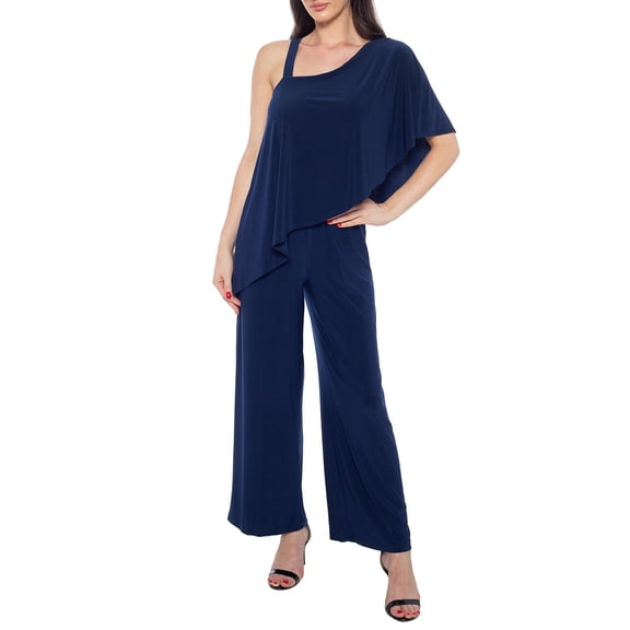 Marina One Shoulder Asymmetrical Neck Short Flutter Sleeve Wide Leg Jumpsuit Color: NAVY, Size: M