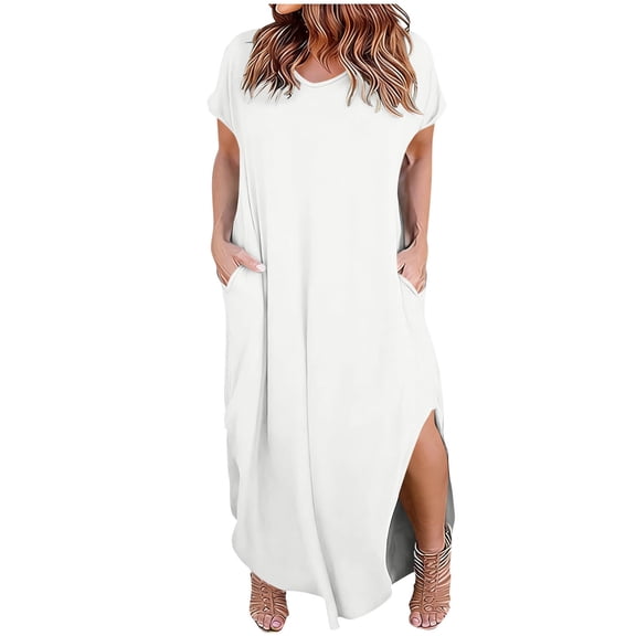 Guluxicc Women's Plus Size Dresses Summer Casual Loose Pocket Short Sleeve Slits Long Maxi Dress Trendy Wear
